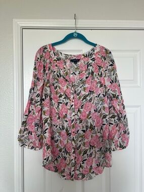 Lands' End Summer Pink Floral Peasant Blouse